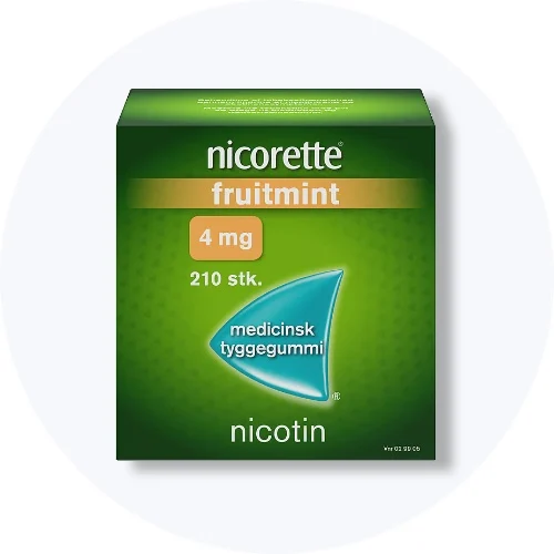 Nicorette Fruitmint 4 mg medicinsk tyggegummi i grøn æske på lys grå baggrund.
