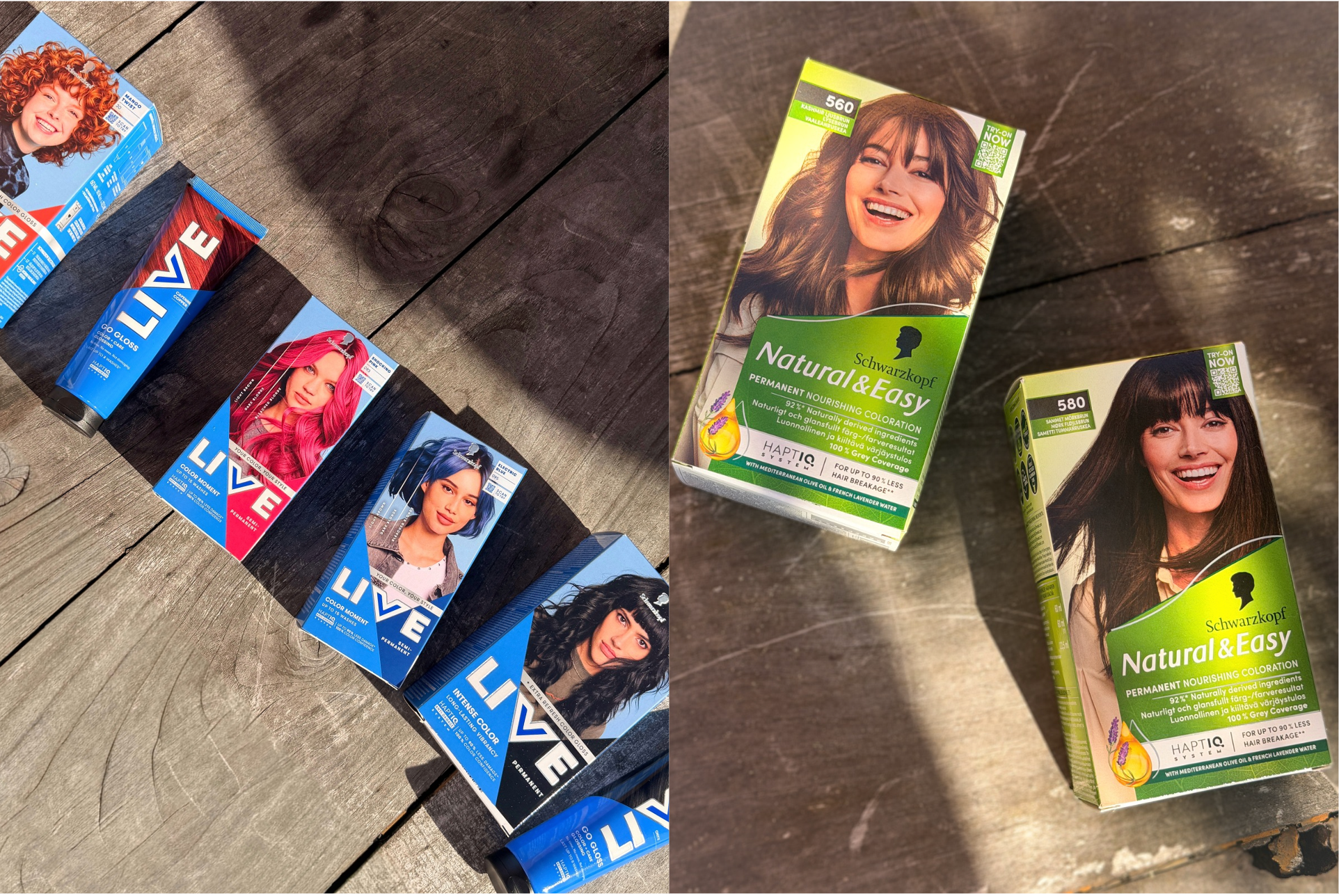 Schwarzkopf LIVE hårfarver i forskellige nuancer og Natural & Easy mørkebrun hårfarveæsker på træoverflade.