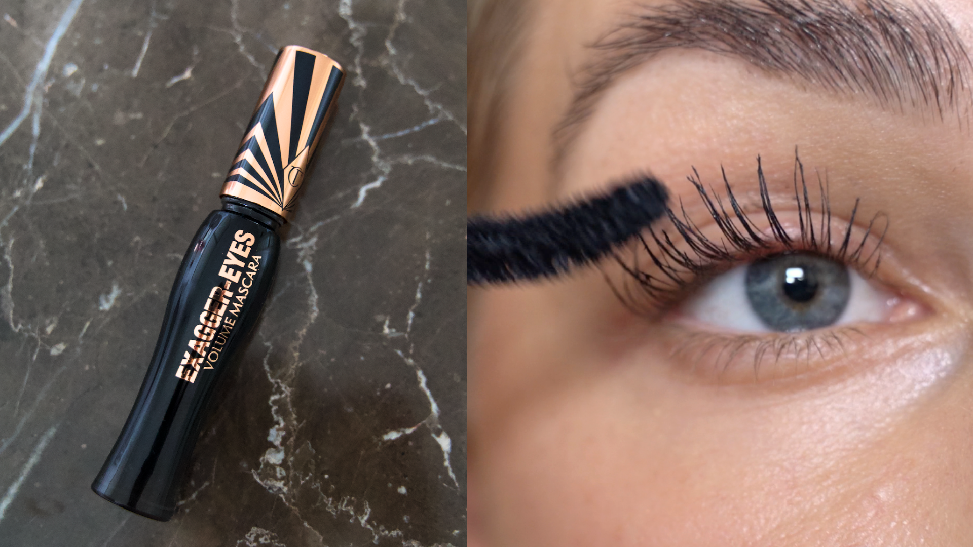 Sort 'EXAGGER-EYES VOLUME MASCARA'-tube med guldaccenter og et nærbillede af et blåt øje, hvor mascara påføres.