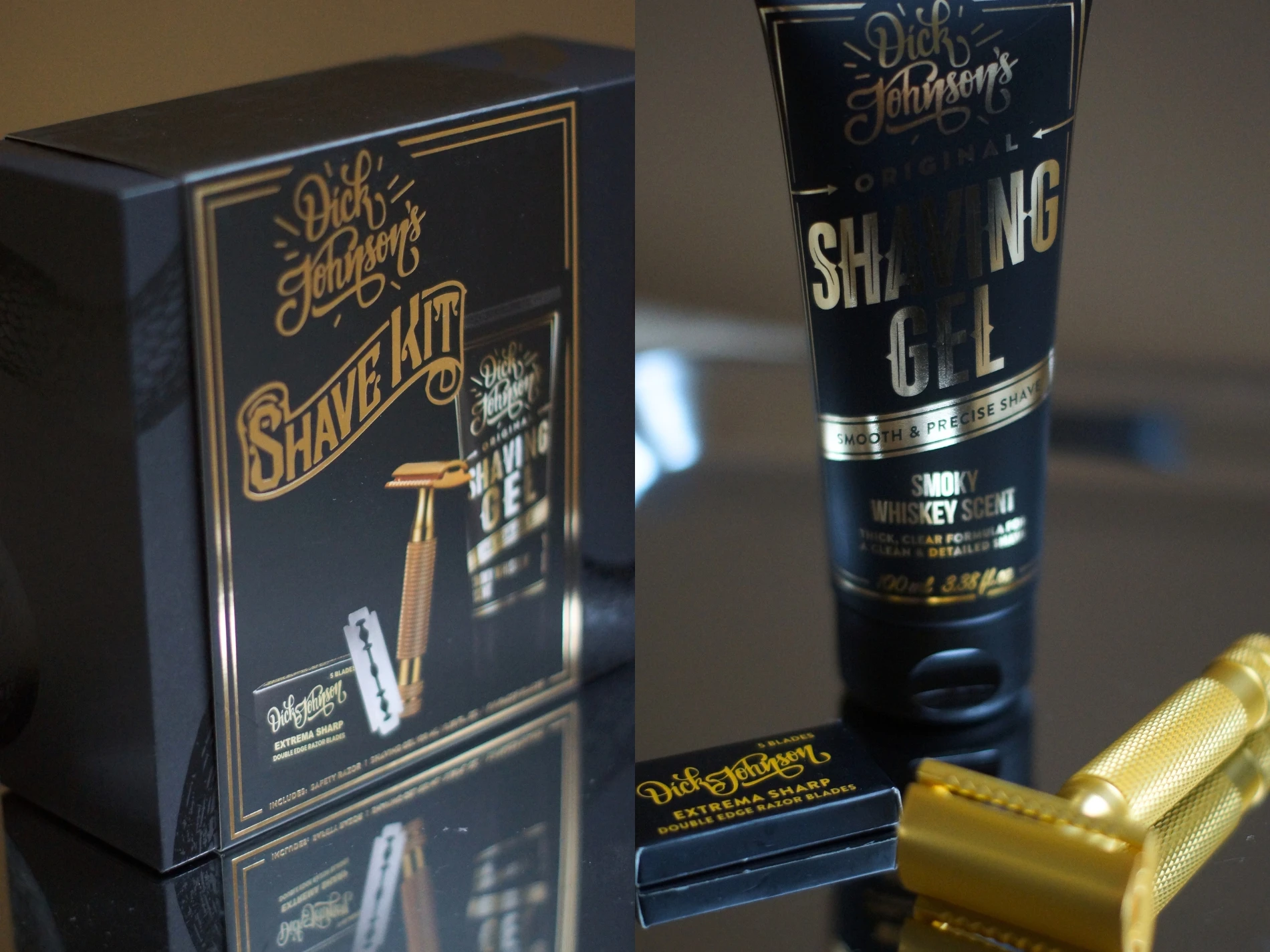 En Dick Johnson's Shave Kit-æske, en guld sikkerhedsbarbermaskine, en pakke 'Extrema Sharp Double Edge Razor Blades' og en tube 'Original Shaving Gel' med 'Smoky Whiskey Scent'.