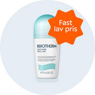 Her ses en hvid og turkis deodorant fra Biotherm. Baggrunden er lyseblå. 