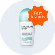 Her ses en hvid og turkis deodorant fra Biotherm. Baggrunden er lyseblå. 