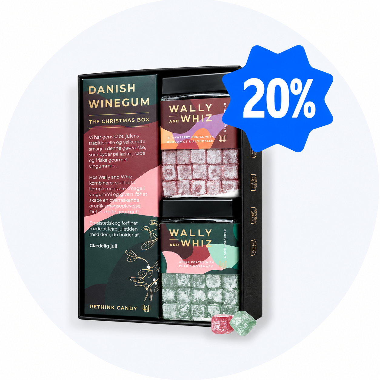 Gaveæske med Danish Winegum og to bøtter Wally and Whiz gourmet vingummi (jordbær og æble) med 20% rabat.