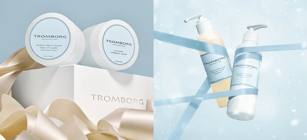 Tromborg hudplejeprodukter: Ansigtscreme, collagenmaske, sæbe og håndcreme. Præsenteret med bånd.