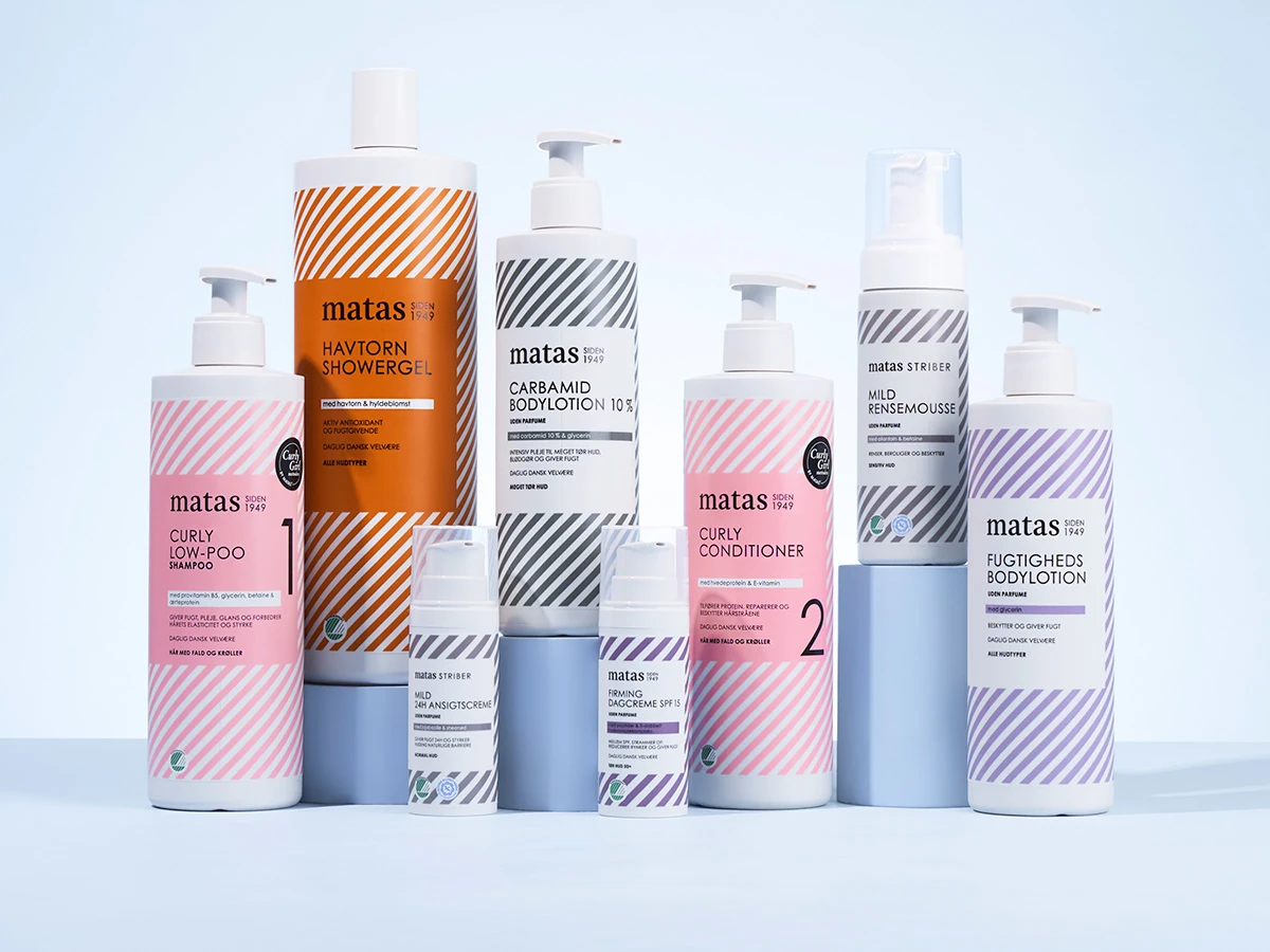 En samling af Matas plejeprodukter, herunder shampoo, balsam, showergel, bodylotion, ansigtscreme og rensemousse.