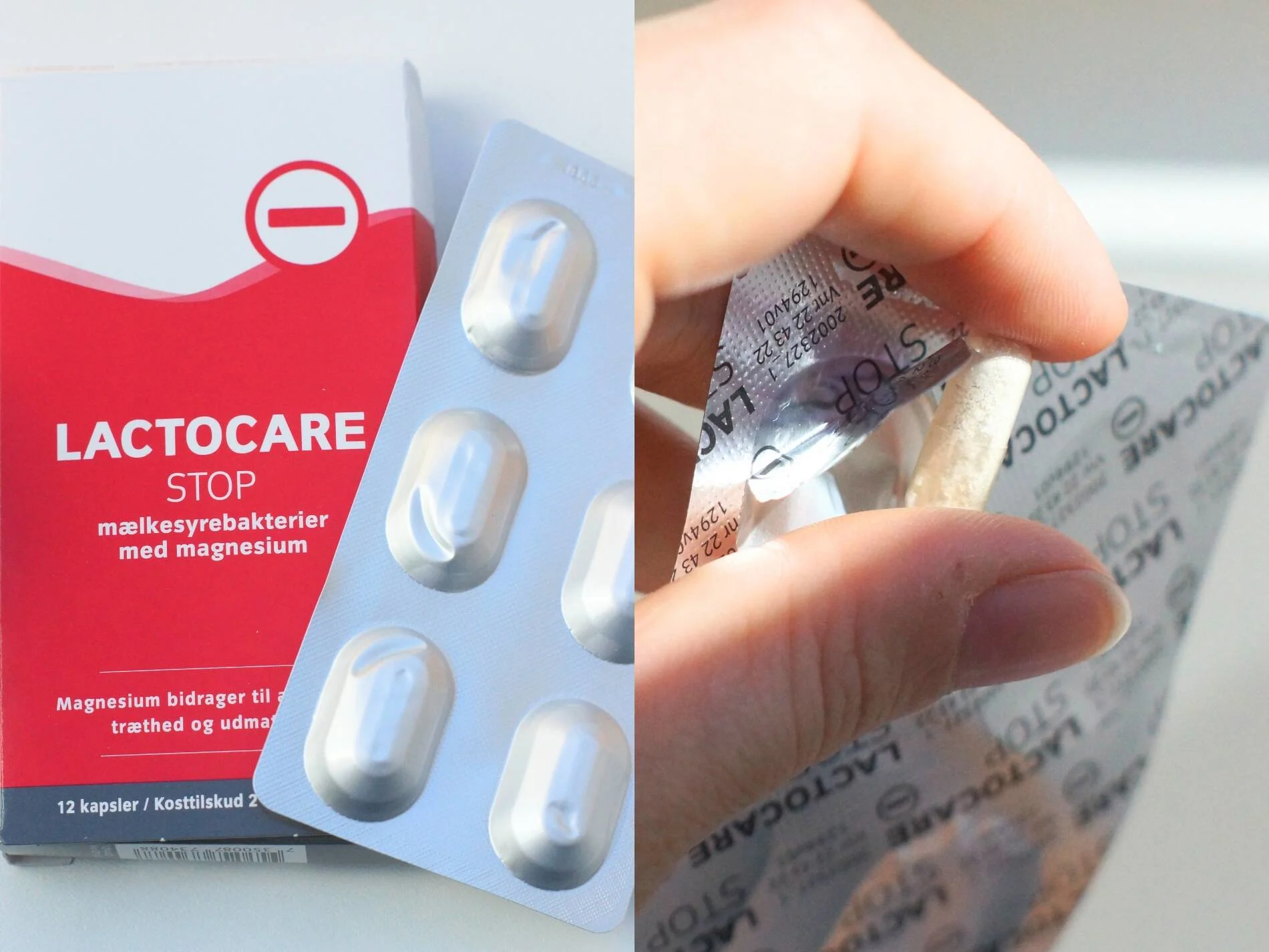 lactocare piller og hånd der holder pillen