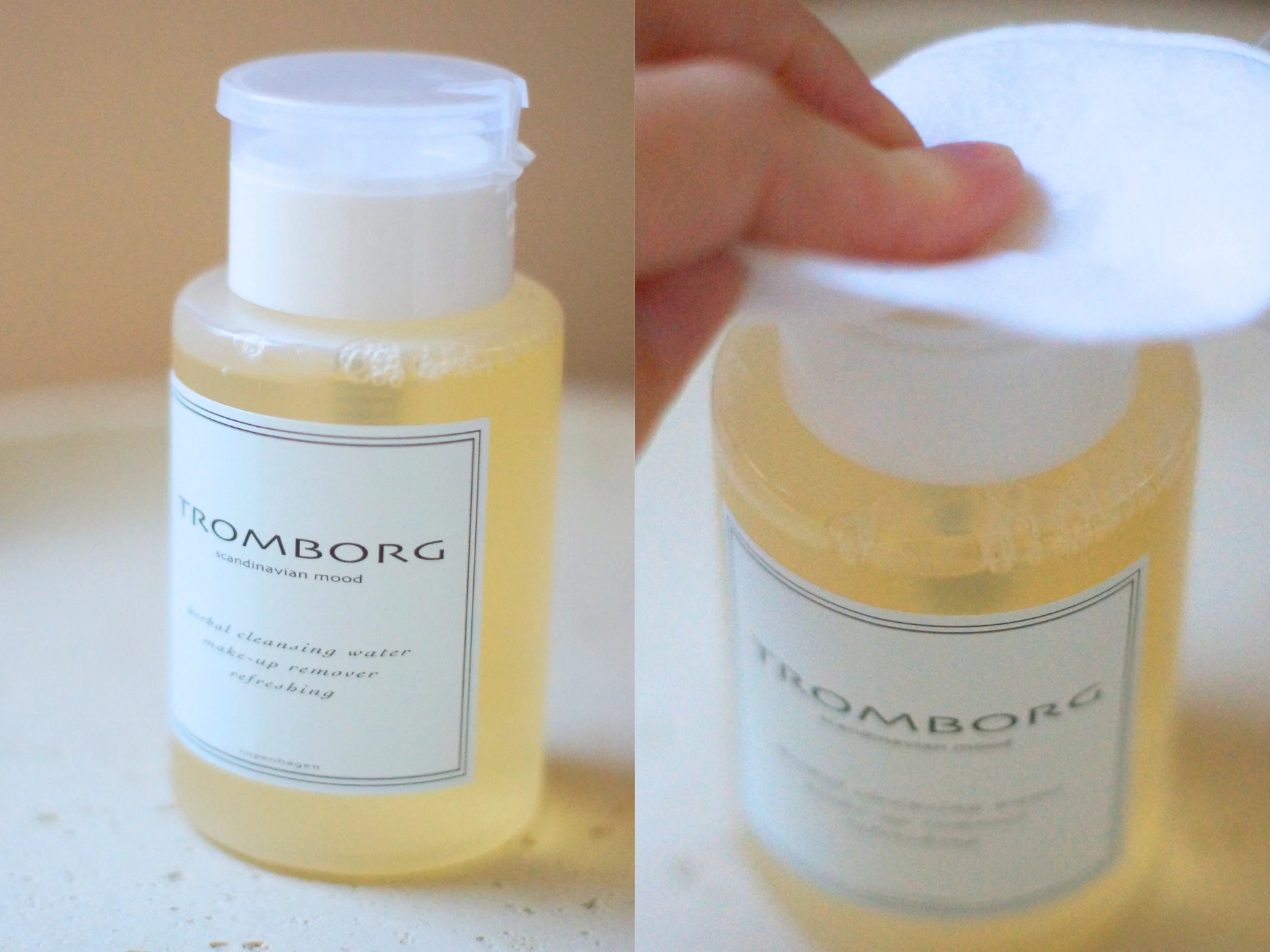 Tromborg 'scandinavian mood herbal cleansing water make-up remover refreshing' flaske. En hånd tager produkt på en vatrondel.