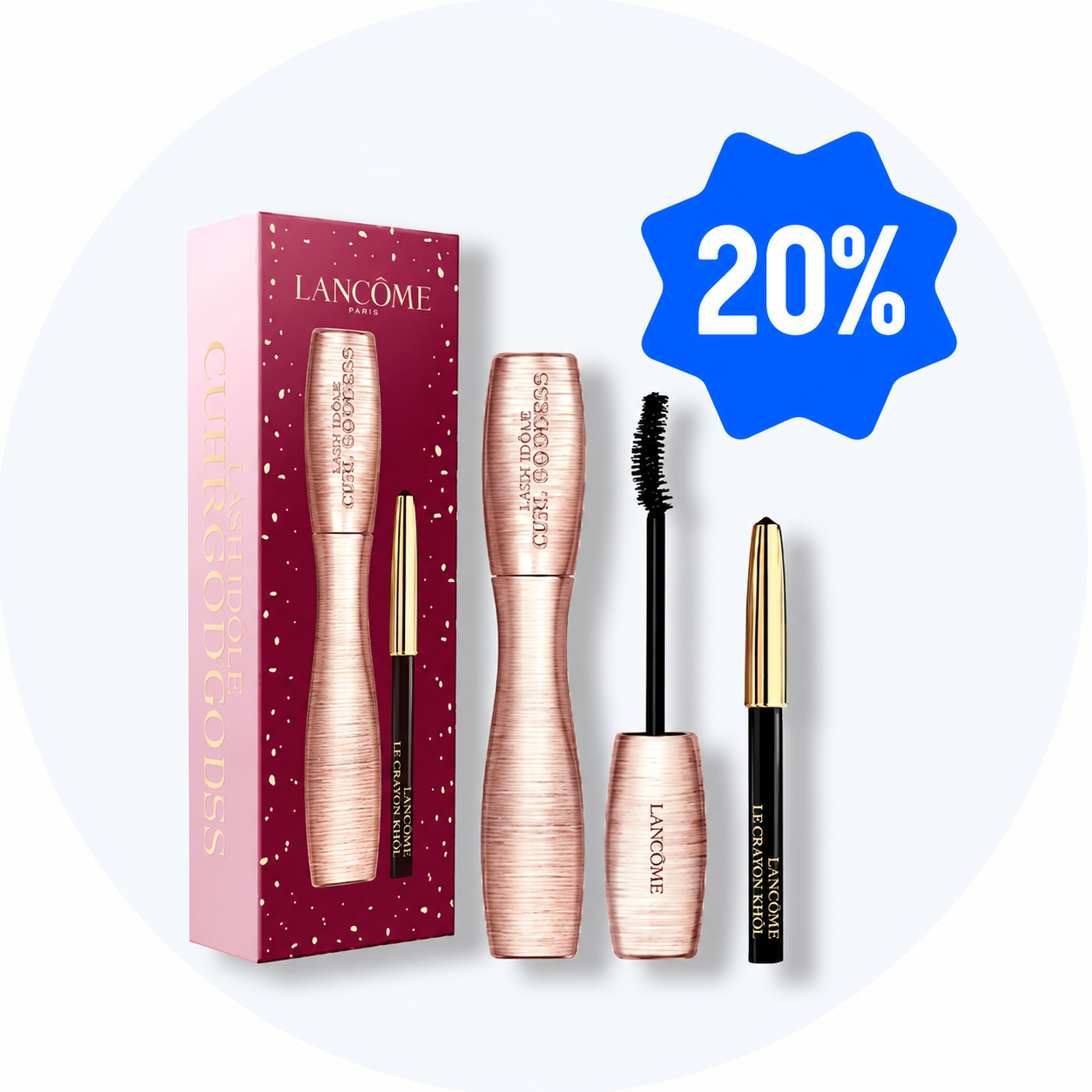 Lancôme Lash Idôle mascara sæt med rosa guld mascara, eyeliner og gaveæske, vist med 20% rabat.