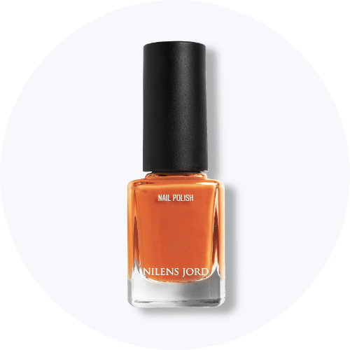 Orange neglelak fra NILENS JORD. Flasken er mærket med teksterne 'NAIL POLISH' og 'NILENS JORD'.