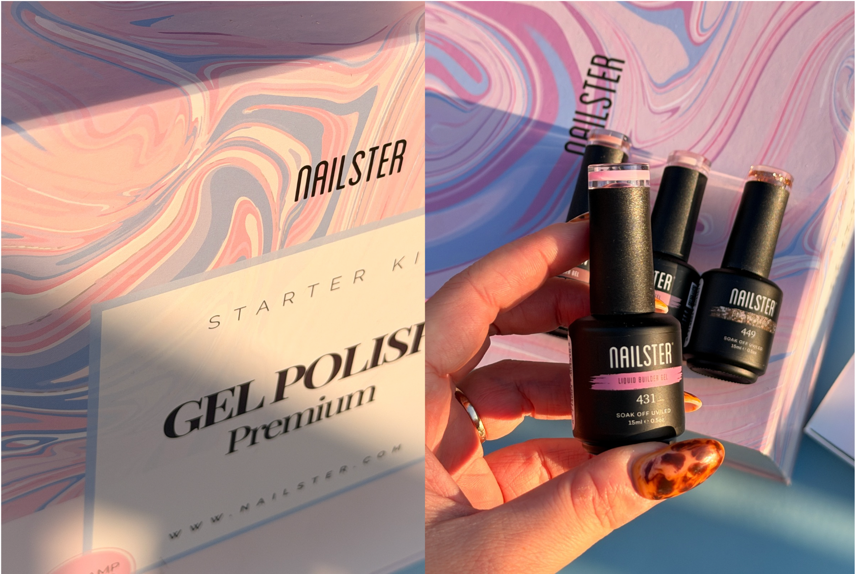 Nailster startkit æske "GEL POLISH Premium". Hånd holder flaske "Liquid Builder Gel 431". Flere Nailster gel polish flasker i baggrunden.