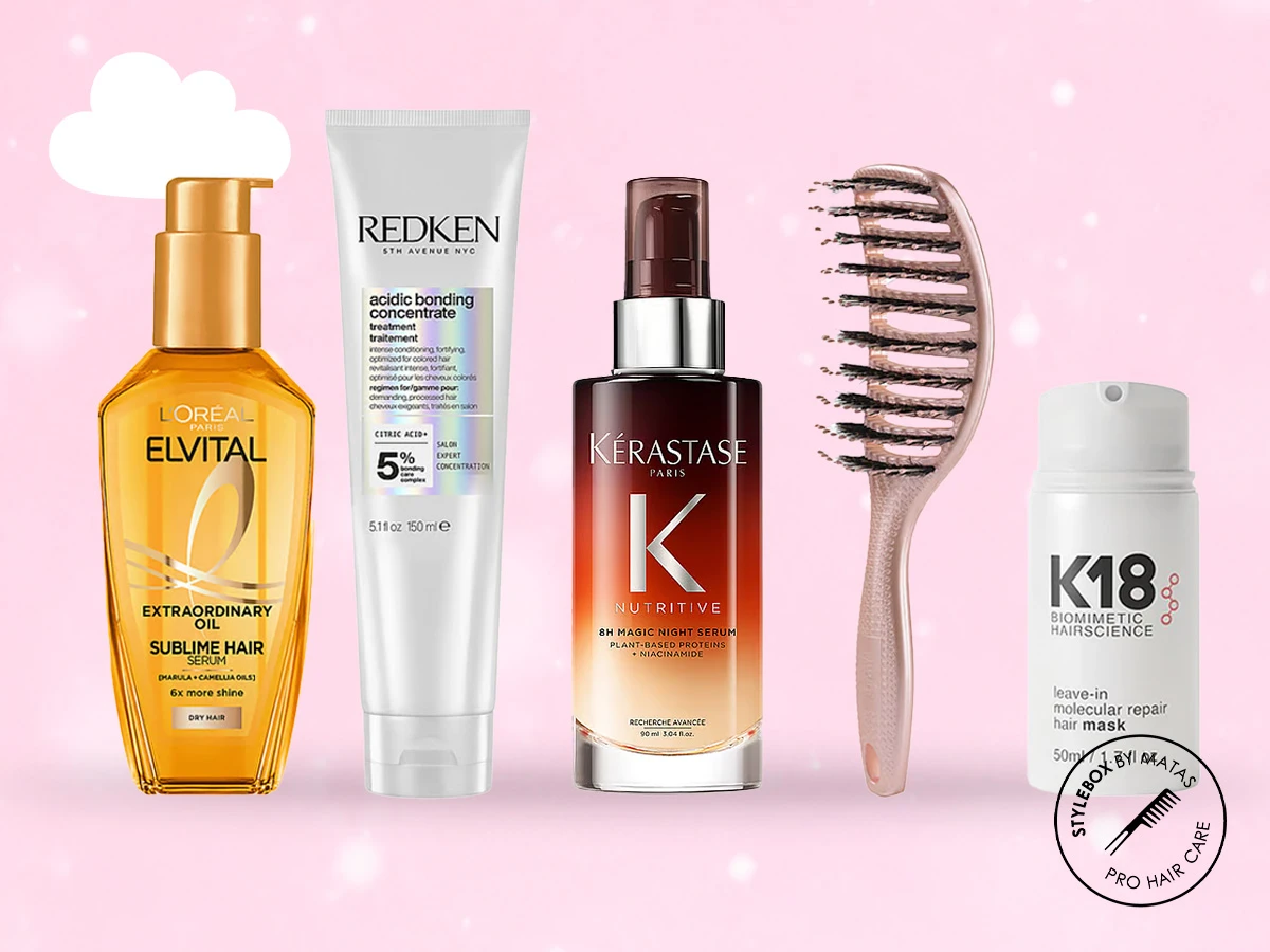 Hårplejeprodukter fra L'Oréal Elvital, Redken, Kérastase og K18, samt en lyserød hårbørste. Med Stylebox Matas logo.