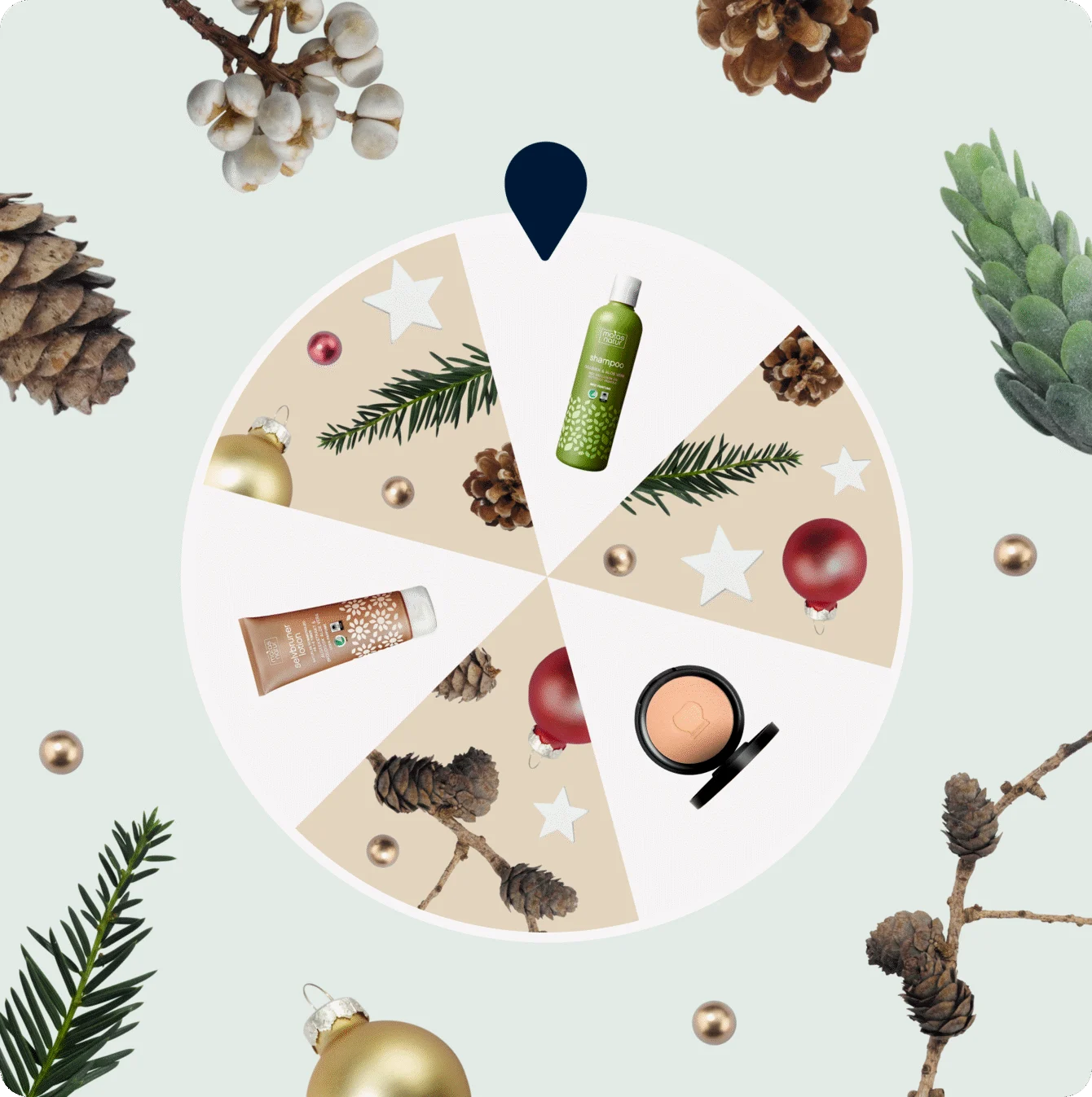 Her ses en lysegrøn boks med forskelligt julepynt og andre julerelaterede ting. I midten ses en løkkejul med produkter.