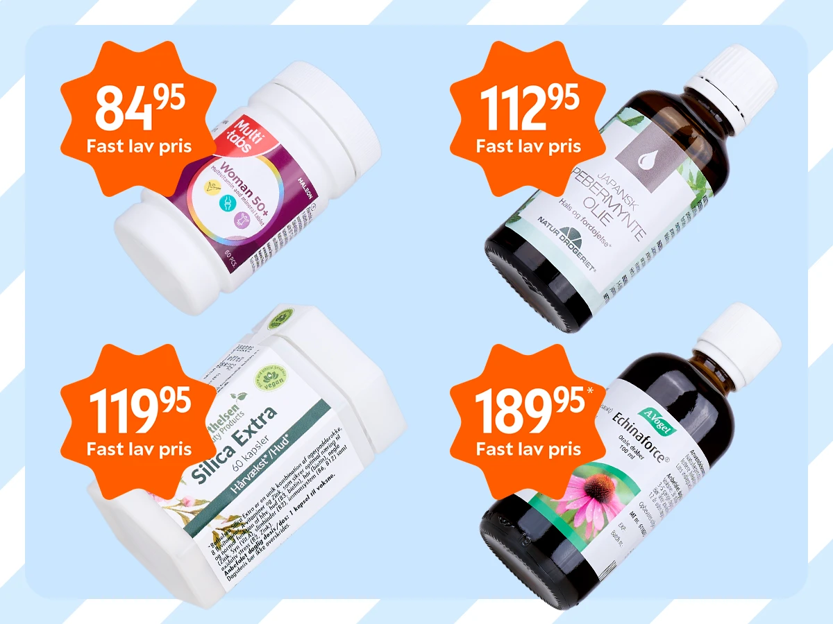 Fire helsekostprodukter med faste lave priser: Multi tabs Woman 50+ 84,95 kr., Japansk Pebermynte Olie 112,95 kr., Silica Extra 119,95 kr., A.Vogel Echinaforce 189,95 kr.