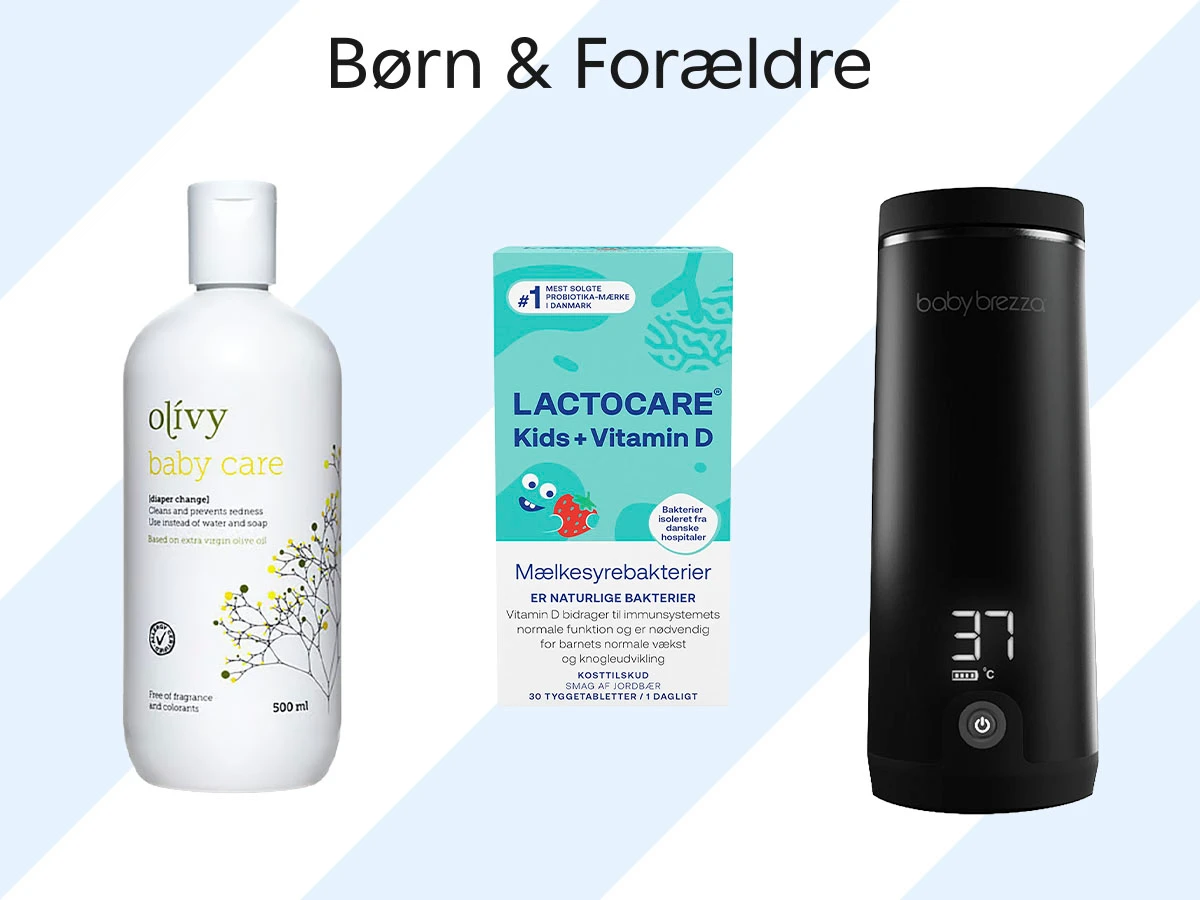 Produkter til børn: Olívy babypleje, Lactocare Kids+D vitamin probiotika og Baby Brezza flaskevarmer 37°C.
