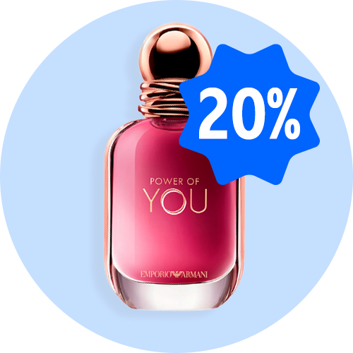 Emporio Armani Power of You parfume i rosa flakon på lyseblå baggrund med blåt 20%-mærke.