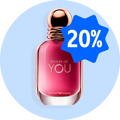 Emporio Armani Power of You parfume i rosa flakon på lyseblå baggrund med blåt 20%-mærke.