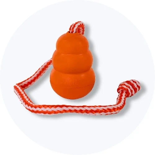 Her ses et orange hundelegetøj med reb på en lys baggrund.