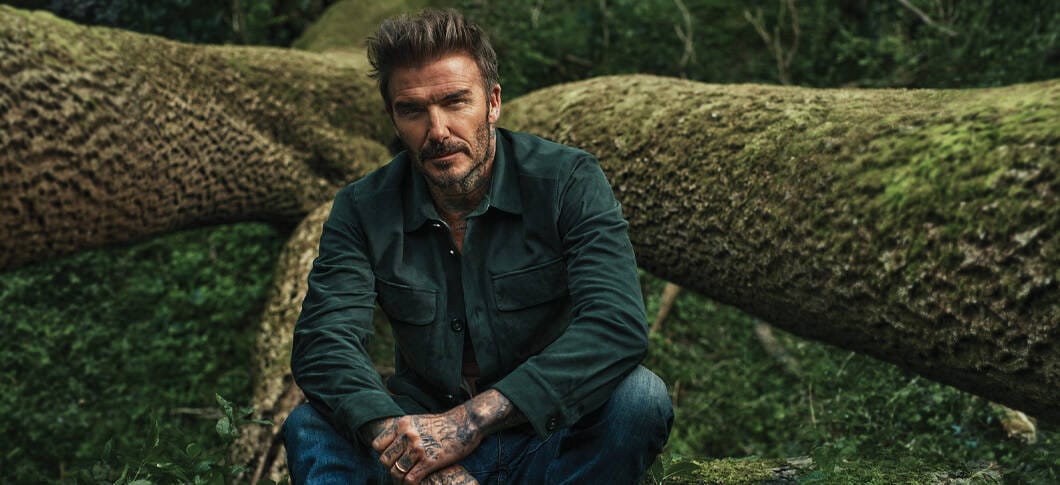 Her ses et billede af David Beckham foran nogle træstammer, hvor det ligner at han sidder i en skov.