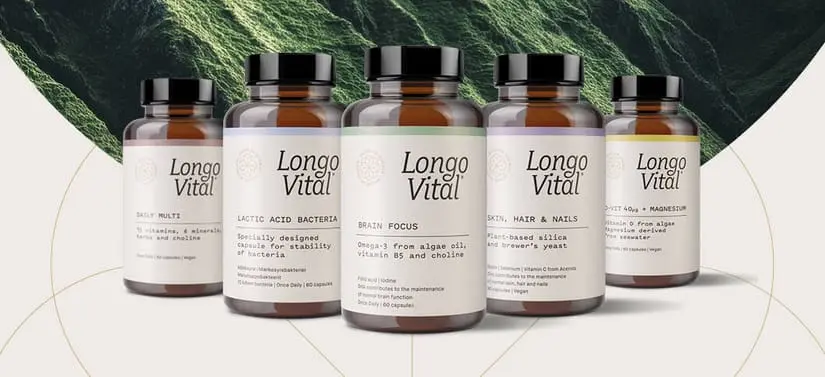 Her ses to LongoVital produkter, stående med grøn og grå baggrund.