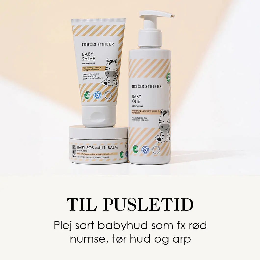 Her ses tre babyprodukter fra Matas Striber på en beige og hvid baggrund. Nederst ses en sort tekst på en hvid baggrund.