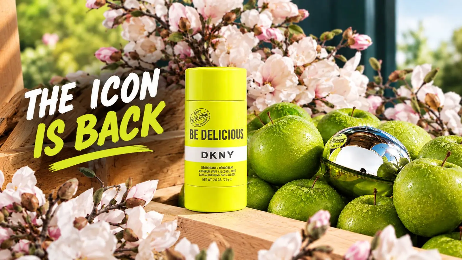IKONET ER TILBAGE. Gul DKNY Be Delicious deodorant (aluminiumsfri/alkoholfri) og æbleparfume.