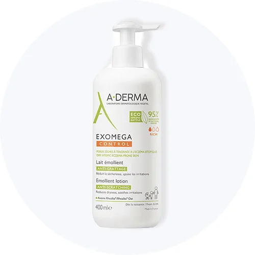 A-Derma Exomega Control Emollient lotion til tør, atopisk hud, reducerer tørhed og irritation, 400 ml.