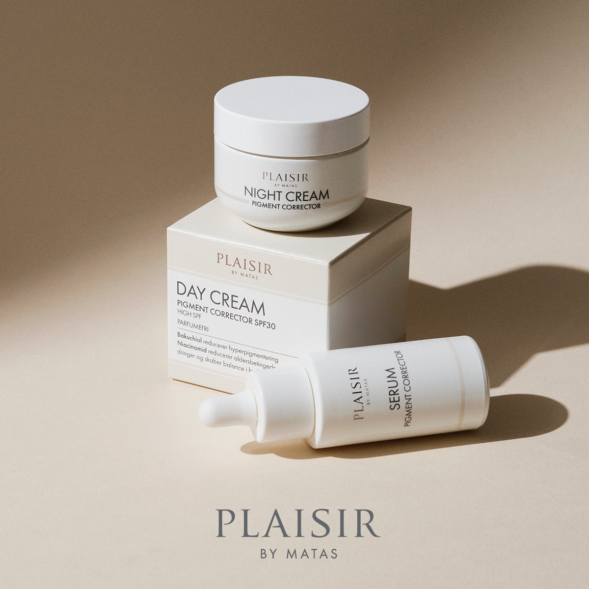 Plaisir by Matas Pigment Corrector sæt med natcreme, dagcreme SPF30 og serum.