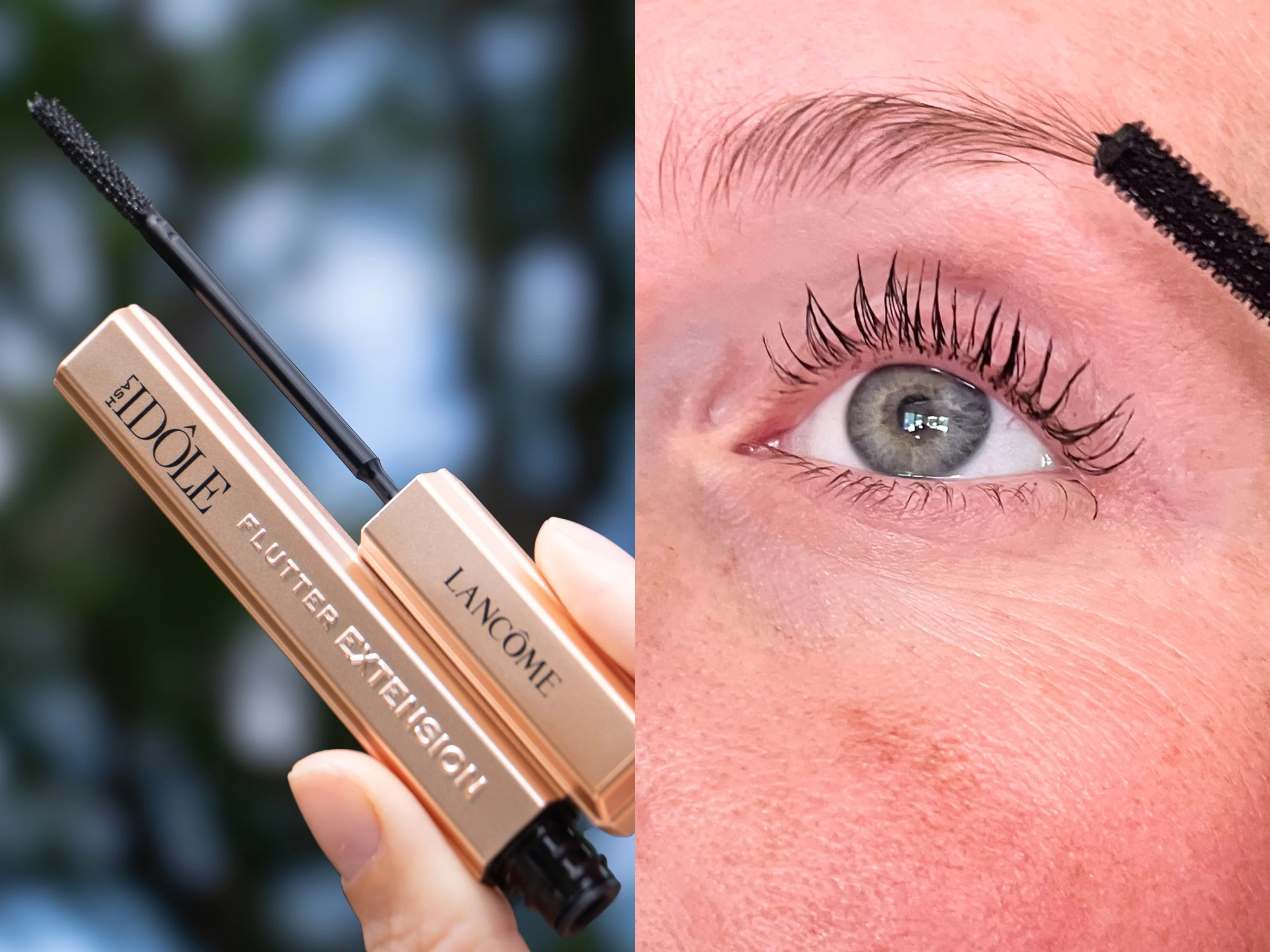 mascara i hånden og mascara påført vipper