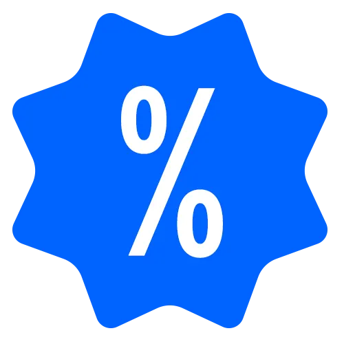 Her ses et blåt, takket symbol med et stort hvidt procenttegn (%) i midten.