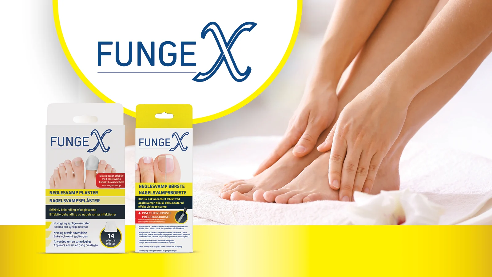 Banner for FungeX med to produkter mod neglesvamp foran et foto af bare fødder på et hvidt håndklæde. Øverst ses FungeX-logoet i en stor cirkel på lys baggrund.