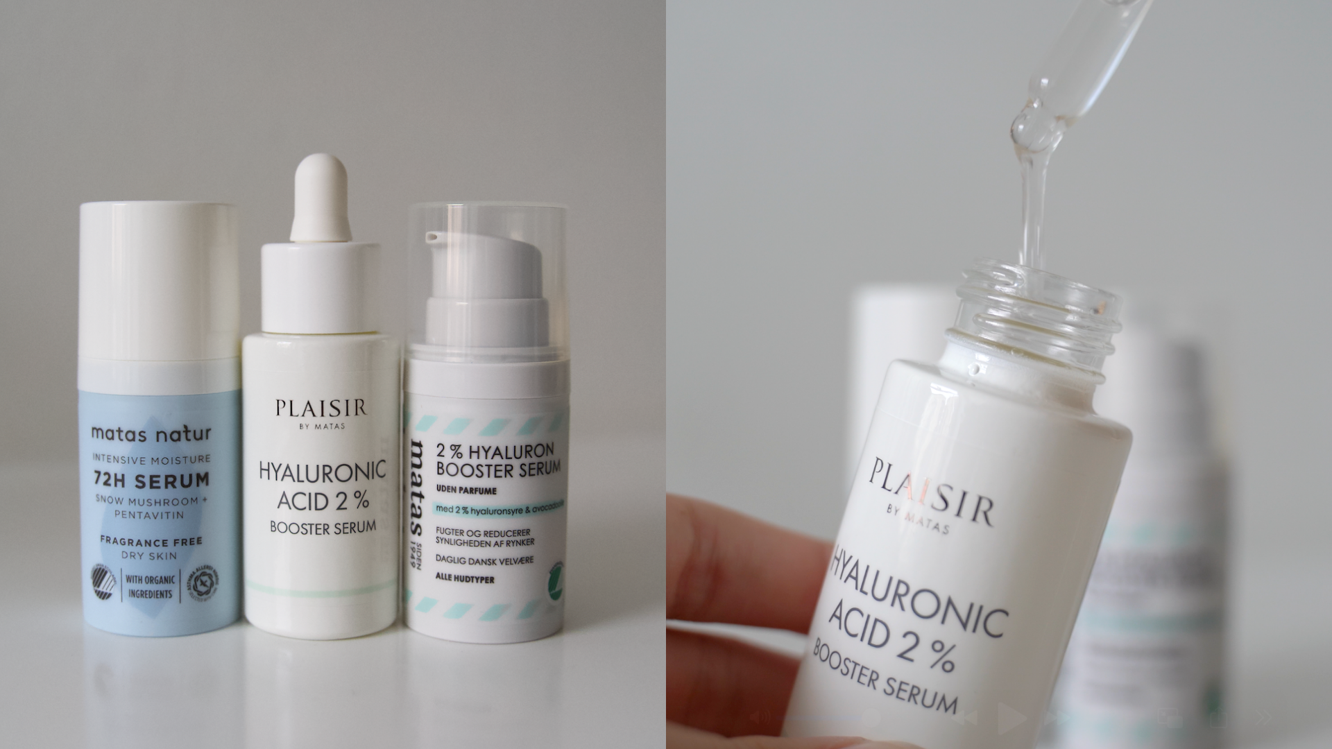Tre hudplejeprodukter fra Matas, inkl. 72H serum og to hyaluronsyre booster sera. En pipette drypper serum ned i en flaske.