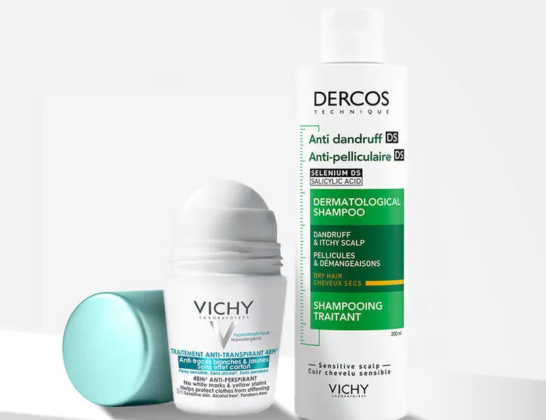 Her ses forskellige Vichy produkter på en hvid baggrund.