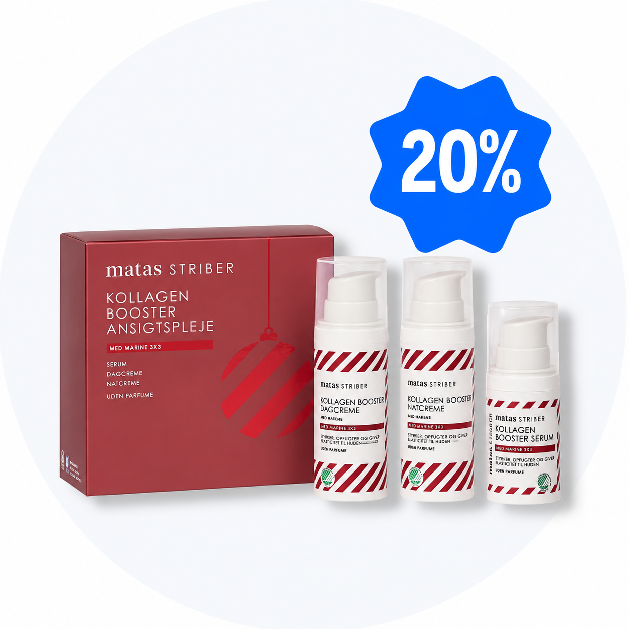 Matas Striber Kollagen Booster Ansigtspleje sæt med serum, dagcreme og natcreme med 20% rabat.