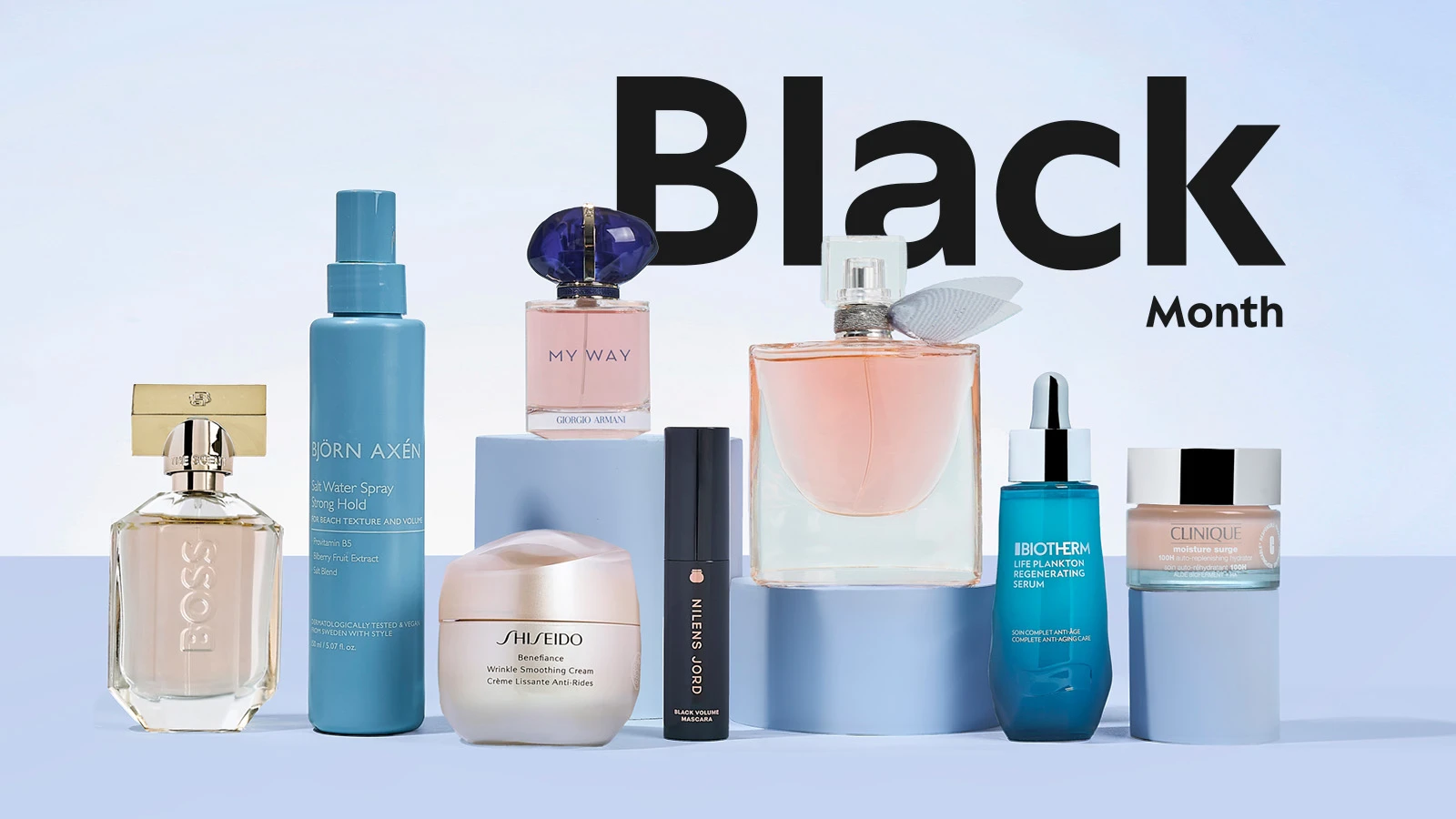 Black Month: Et udvalg af skønhedsprodukter og parfumer fra mærker som BOSS, Armani, Shiseido og Clinique.
