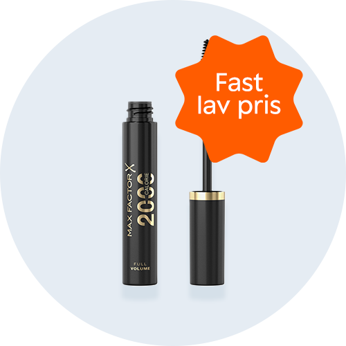 Her ses en mascara fra Max Factor på en lyseblå baggrund. 