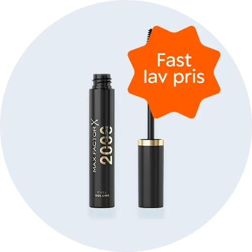 Her ses en mascara fra Max Factor på en lyseblå baggrund. 