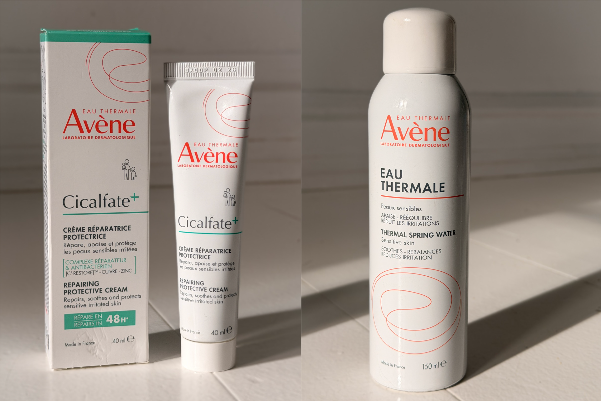 Avène Cicalfate+ reparerende creme (40 ml æske og tube) og Avène Eau Thermale kildevandsspray (150 ml) til sensitiv hud.