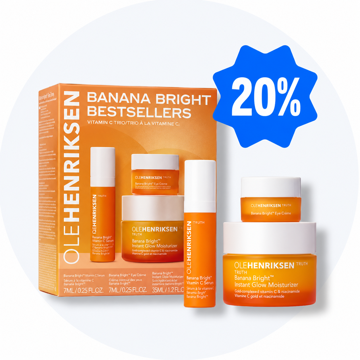 Ole Henriksen Banana Bright Bestsellers Vitamin C Trio sæt med serum, øjencreme og fugtighedscreme, med 20% rabat.