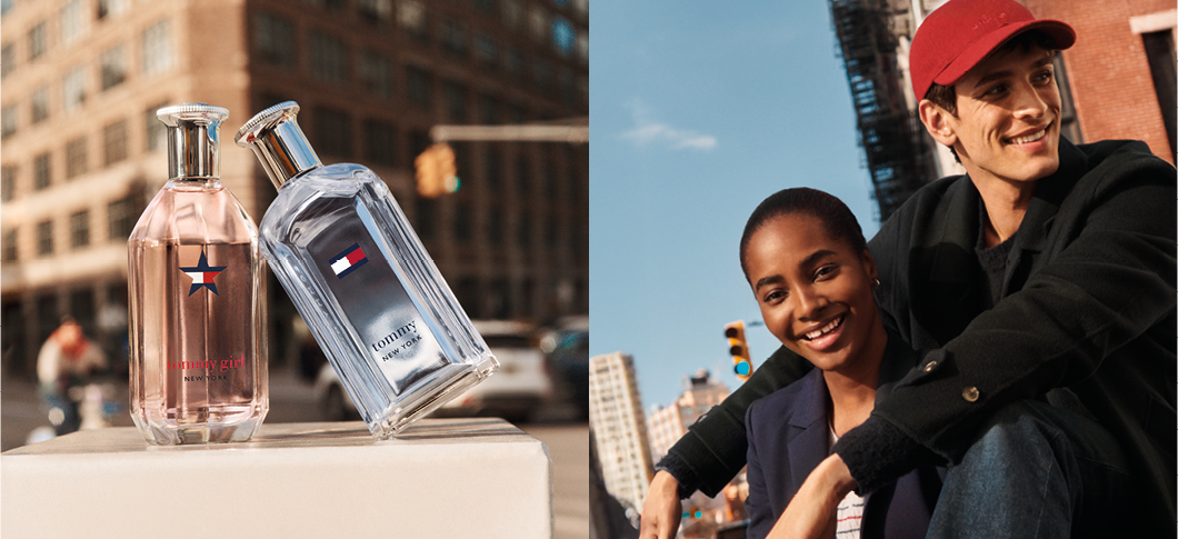 Her ses to Tommy Hilfiger produkter i bybillede og til højre en kvinde og en mand i storby.