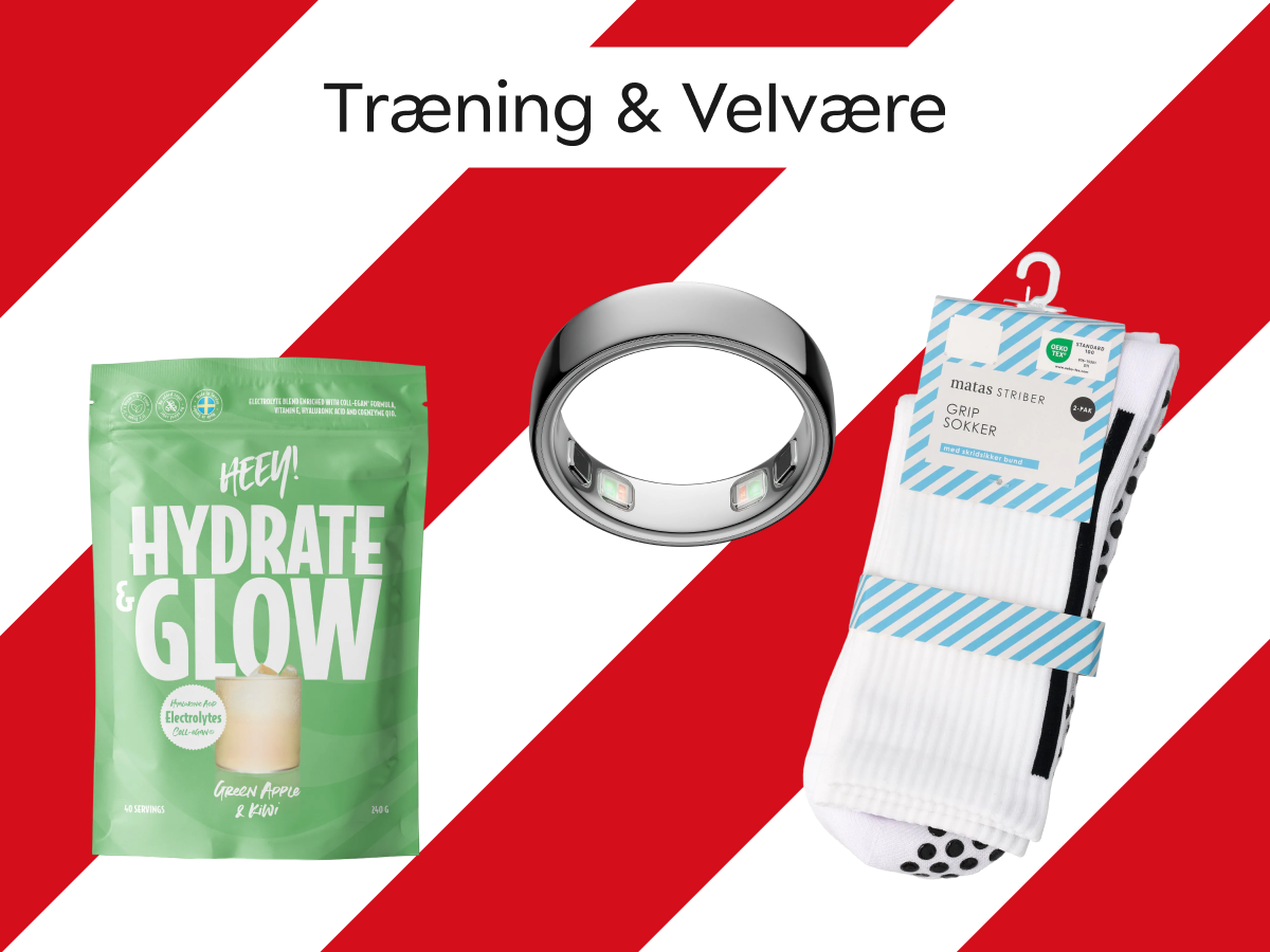 Produkter til 'Træning & Velvære': Smart ring, Matas Stribet gripsokker, og Heey! Hydrate & Glow elektrolytter (grøn æble & kiwi).