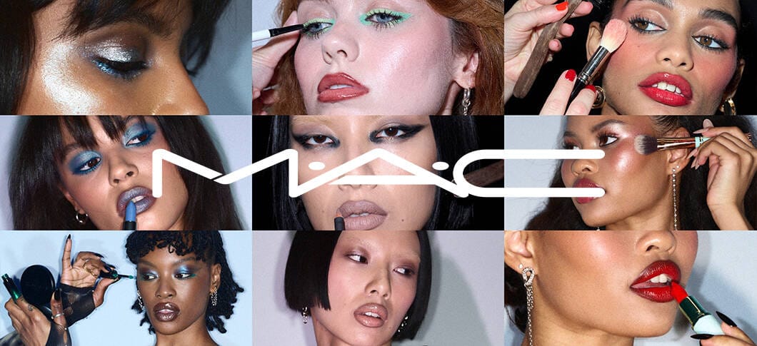 Her ses ni billleder af forskellige personer der prøver MAC makeupprodukter. I midten er et "MAC" logo.