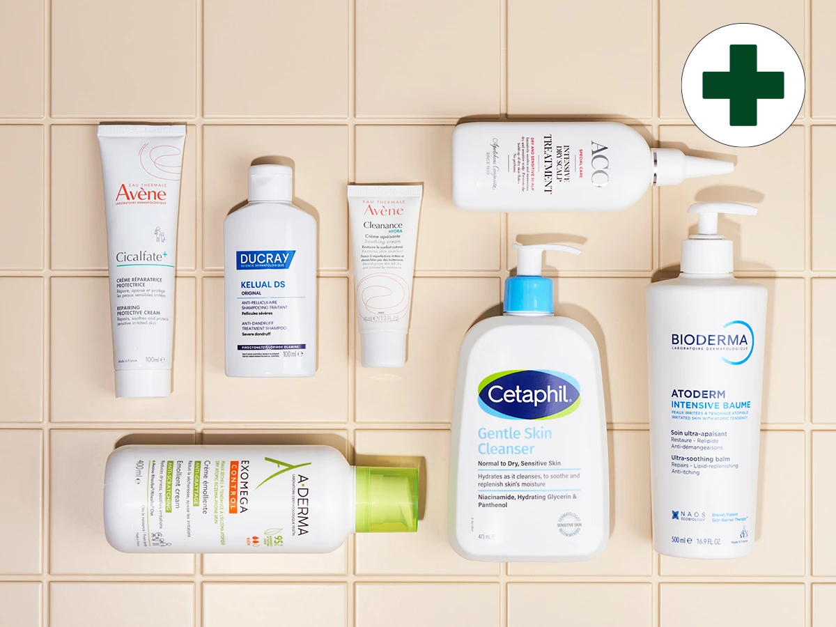 Dermatologiske hudpleje- og hårplejeprodukter: cremer, rensemidler, shampoo fra Avène, Cetaphil. Grønt apotekerkryds.