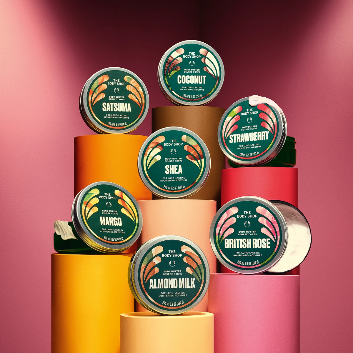 The Body Shop Body Butters i duftene Satsuma, Coconut, Shea, Strawberry, Mango, Almond Milk og British Rose.