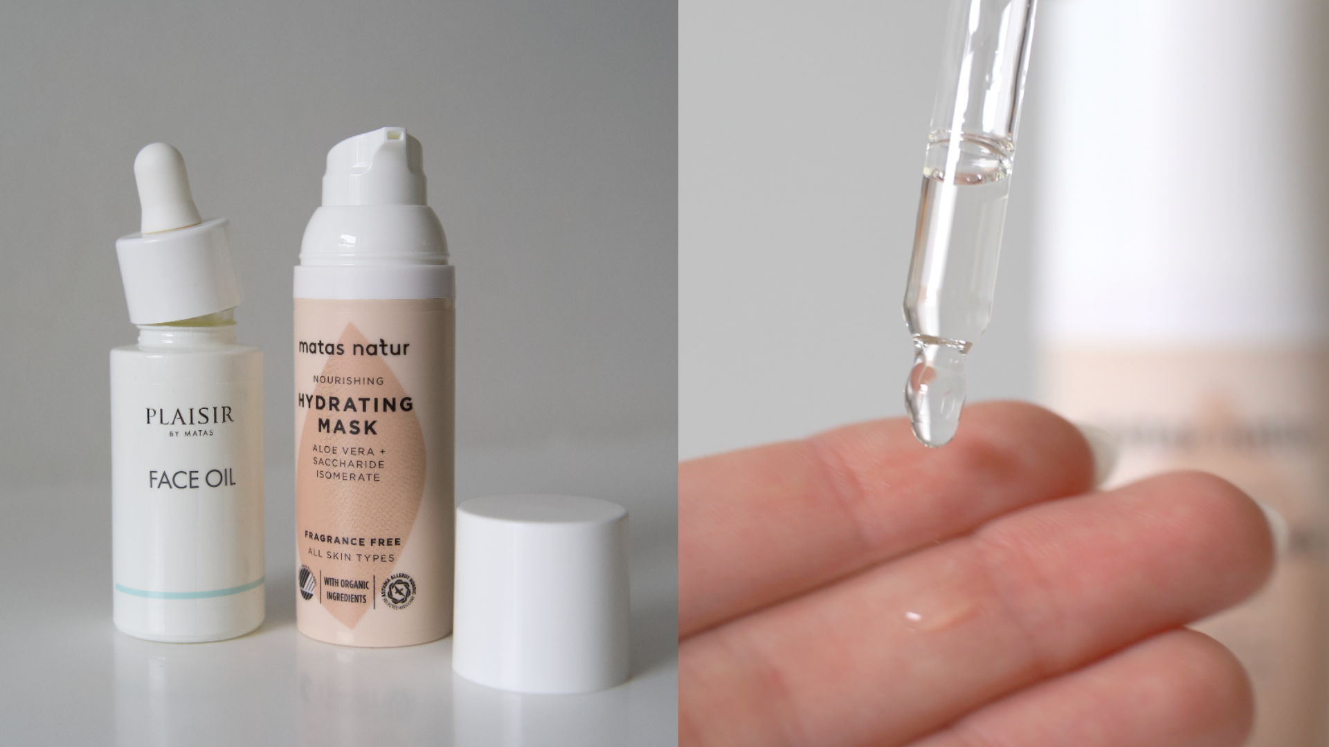 Plaisir by Matas Ansigtsolie og Matas Natur Fugtgivende Maske produkter, med en pipette der drypper væske på fingre.