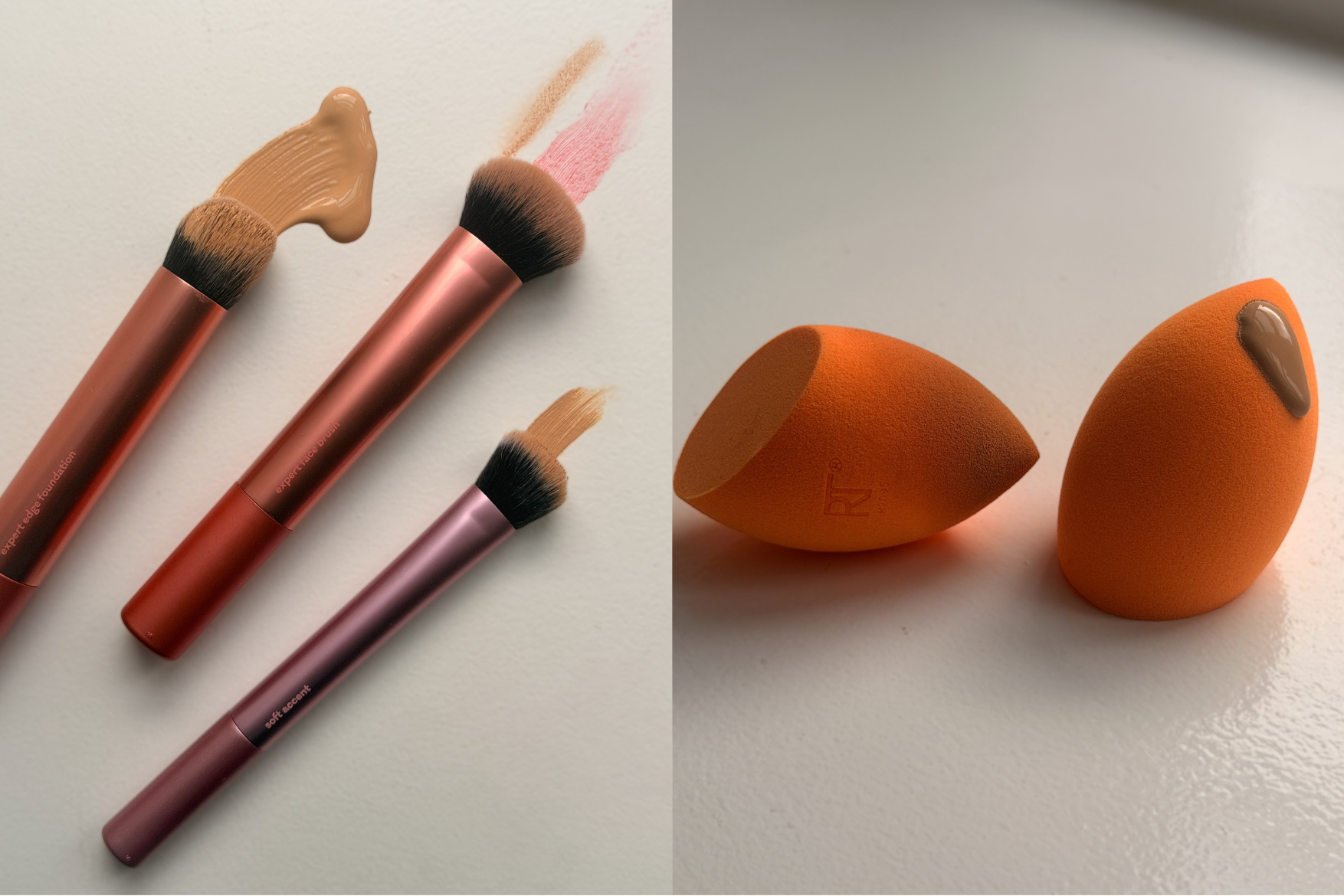 Makeupbørster med foundation og pudder, samt orange makeupsvampe. Børstetekst: 'expert edge foundation', 'expert face brush', 'soft accent'.