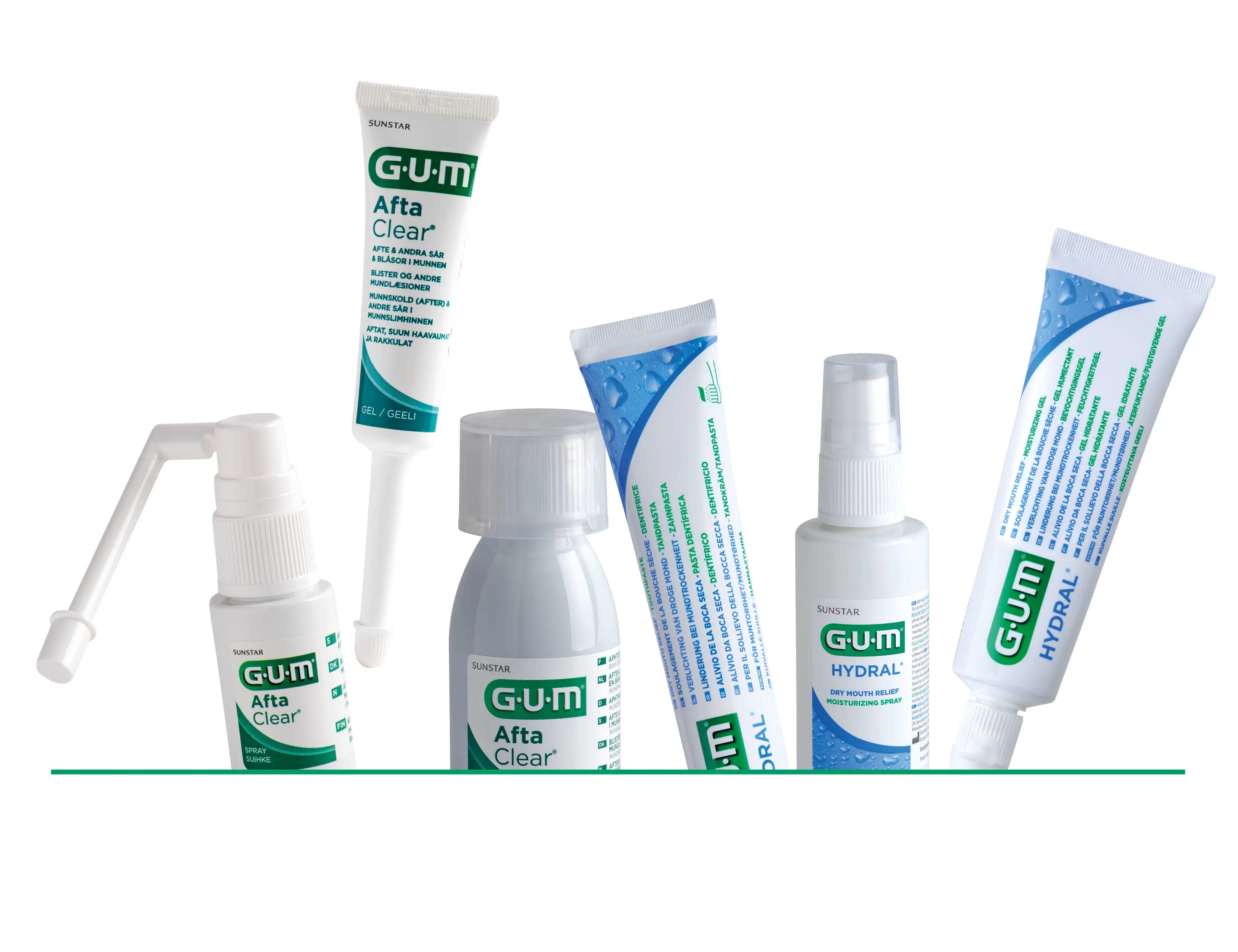 Her ses en hvid baggrund med mange forskellige GUM produkter.