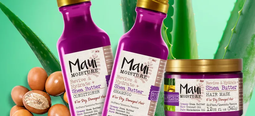 Her ses en grøn aggrund med nødder og aloevera. Foran ses tre lilla produkter.