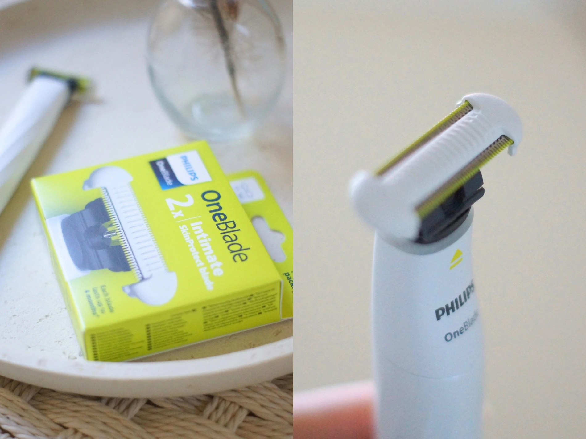 Philips OneBlade trimmer og en 2-pak med Philips OneBlade Intimate SkinProtect udskiftningsblade.