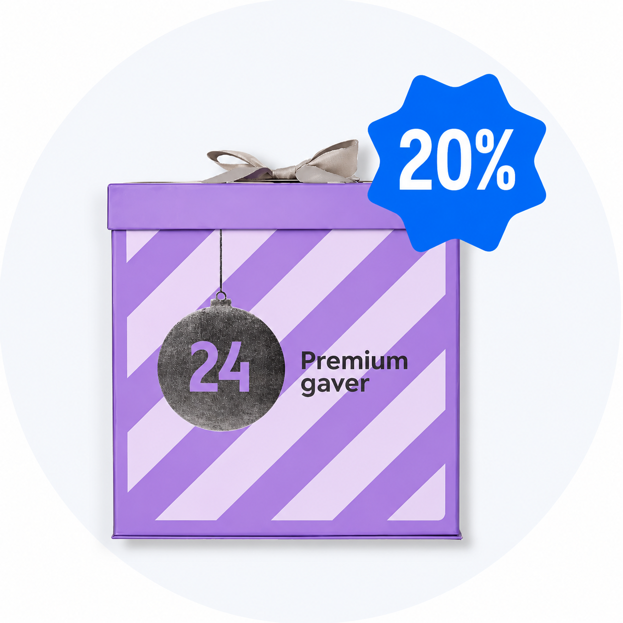 Lilla gaveæske med striber og gråt bånd, en julekugle med tallet 24, teksten 'Premium gaver' og et mærke med '20%'.