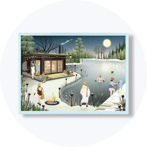 Her ses et illustreret motiv af en sauna ved en sø, hvor mennesker vinterbader under en stjerneklar nattehimmel.